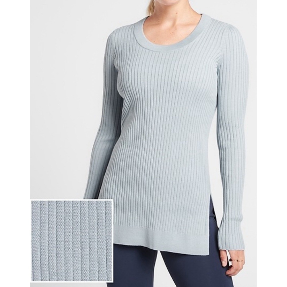 Athleta Lincoln Park Sweater Ribbed Women M Glacial Blue Tight Knit Pullover NWT